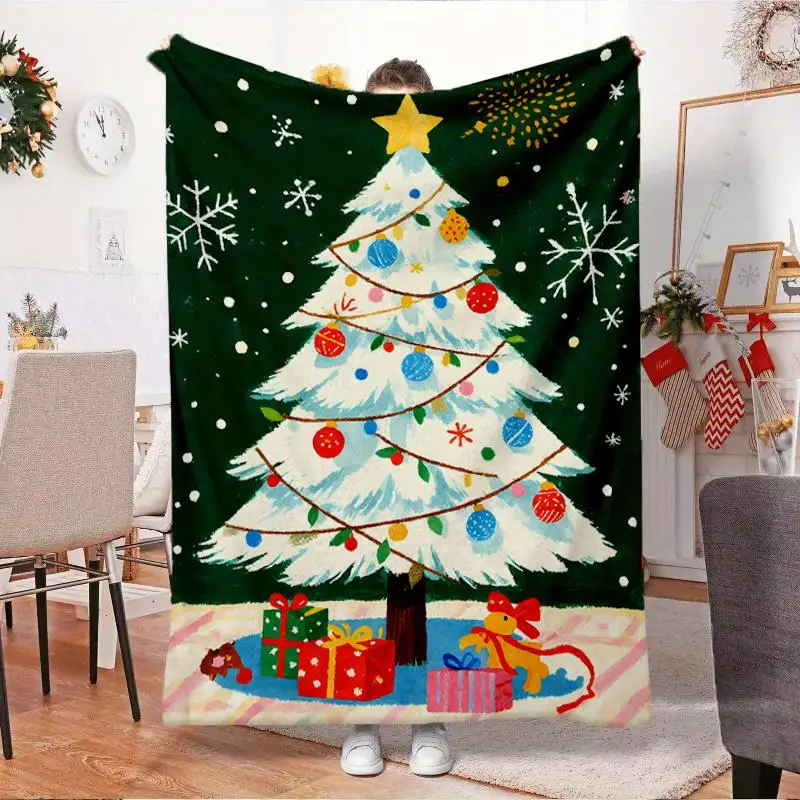 1pc Cozy Flannel Christmas Tree Printed Blanket - Soft Warm All-Season Quilted-Style Fleece Throw with Green White Golden Red