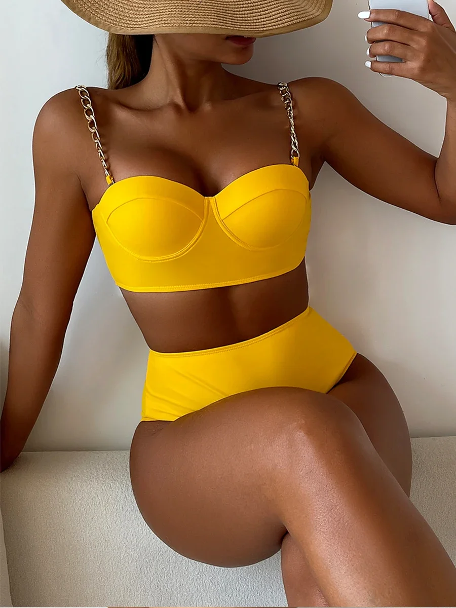 Chain Strap Bikinis 2024 Women Solid Push Up Swimsuit High Waist Swimwear Female Sexy Bathing Suit Swimming Summer Beachwear