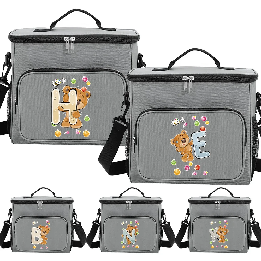 New Unisex Bear Letter Series Printed Pattern Large Capacity Portable Food Storage Handbag Diagonal Shoulder Insulated Lunch Bag