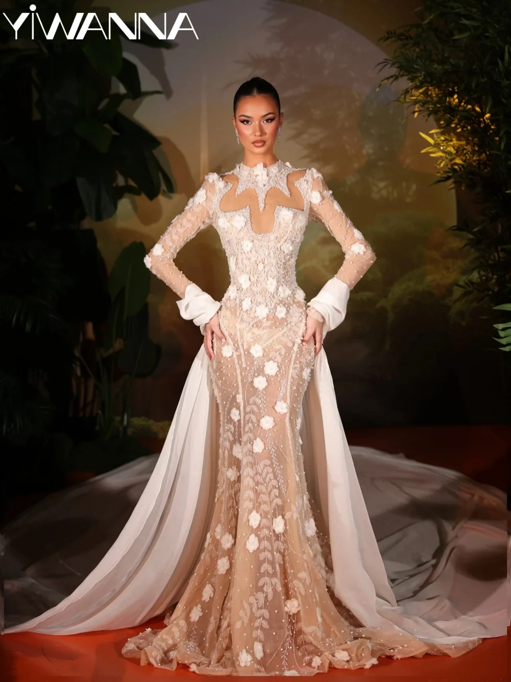 Shinny Luxury Pearls Wedding Dress With Train 3D Floral Illusion Mermaid Bridal Gown Customzied Dreamy Long Dresses For Bride
