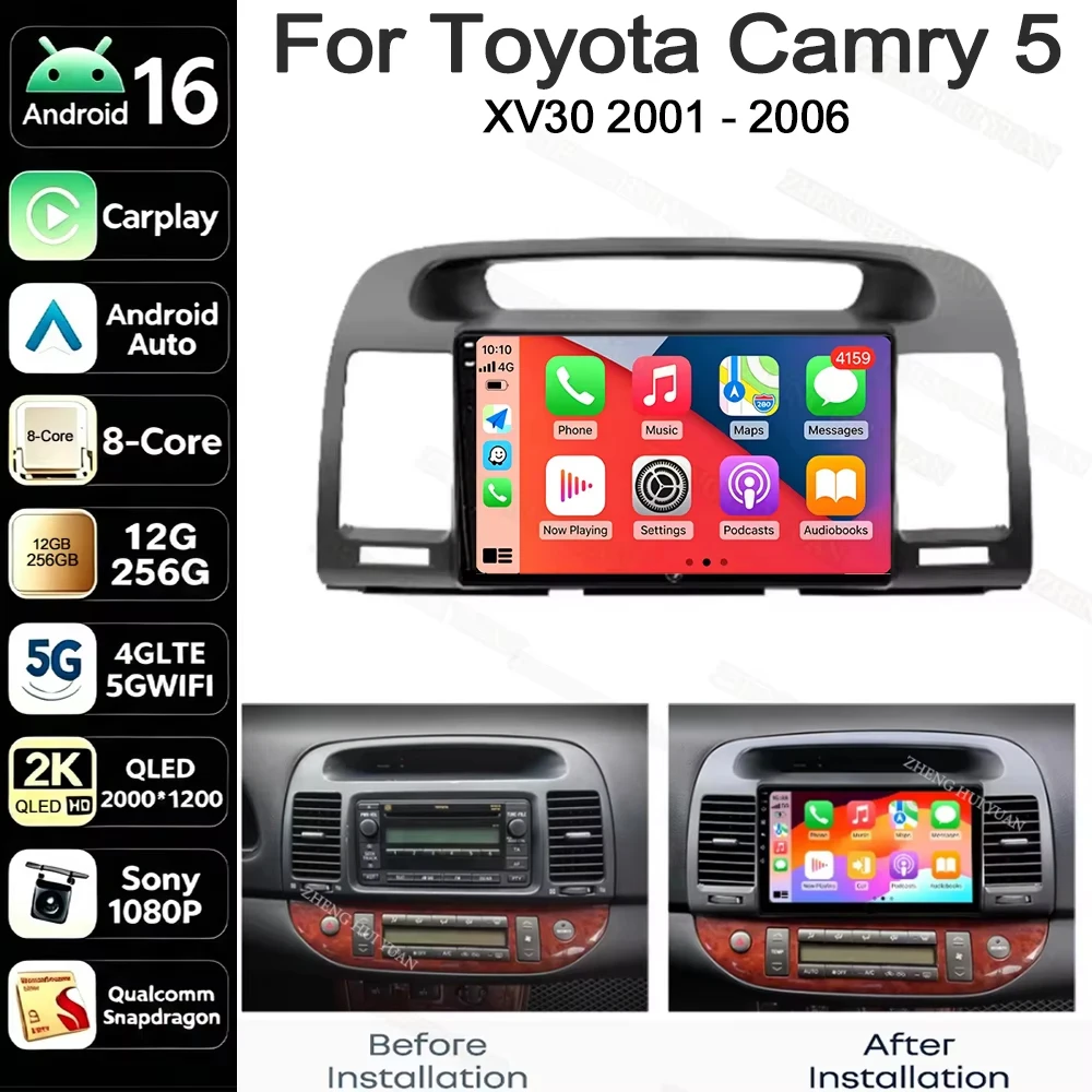 Android 16 For Toyota Camry 5 XV30 2001 2002 2003 2004 2005 2006 CarPlay Auto Car Radio Multimedia Video Player GPS Stereo Head