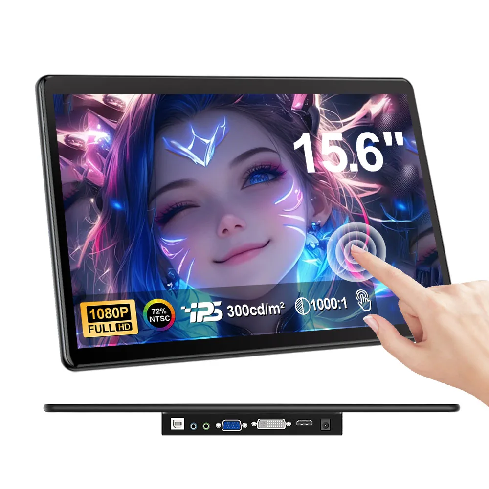 WonTim Touchscreen Portable Monitor 15.6'' HDR 1080P IPS Raspberry Pi VESA HDMI VGA DVI Industrial Input 1000:1 Contrast Ratio