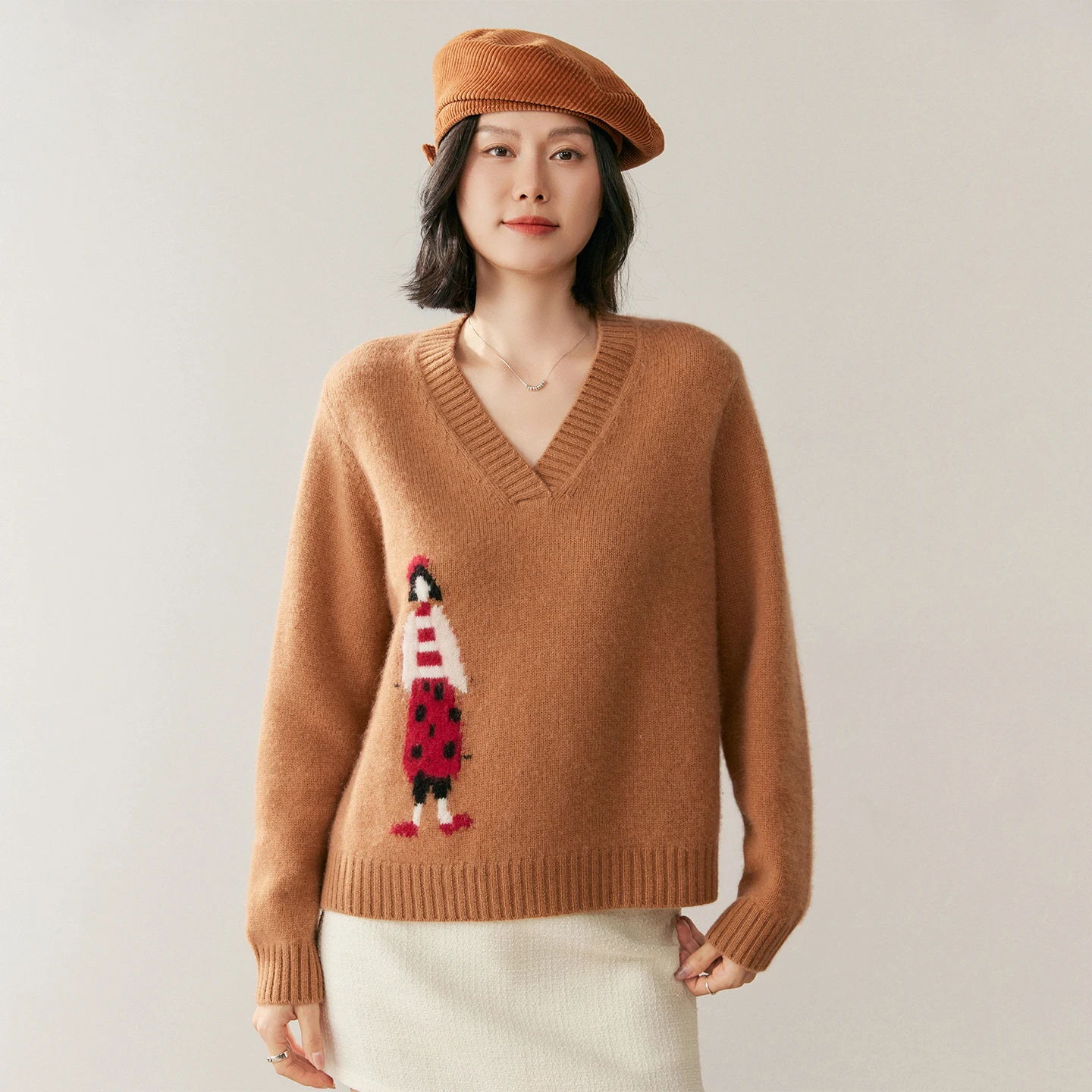 

2026 Autumn/Winter New Women's 100% Cashmere V-neck Knitted Pullover Thickened Warm Soft Women's Sweater Loose Embroidered Top