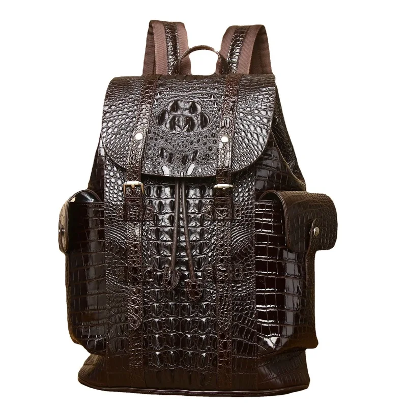 Genuine Cowhide Crocodile Pattern Travel Backpack - Unisex Large School Bag for Students & Office Workers with Anti-Theft Zipper