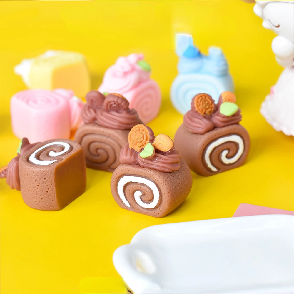 6pcs Mini Cream Cake Sandwich Roll Cake Hand DIY Miniature Scale Food Toys Small Ornaments Pendants Doll Accessories Decoration