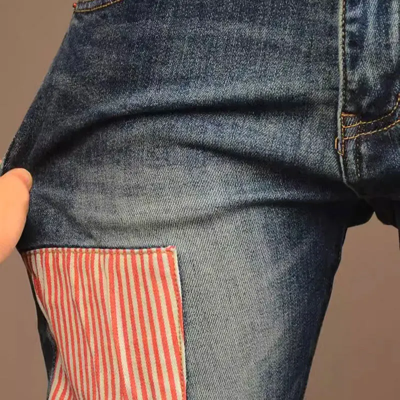 High Street Fashion Men Jeans Retro Blue Elastic Stretch Slim Fit Ripped Jeans Men Patched Designer Hip Hop Denim Pants Hombre