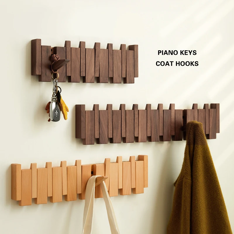 

Walnut Coat Racks Wall Hanging Entry Door Porch Hanging Coat Rack Perforated Solid Beech Wood Creative Piano Keys Clothes Hook