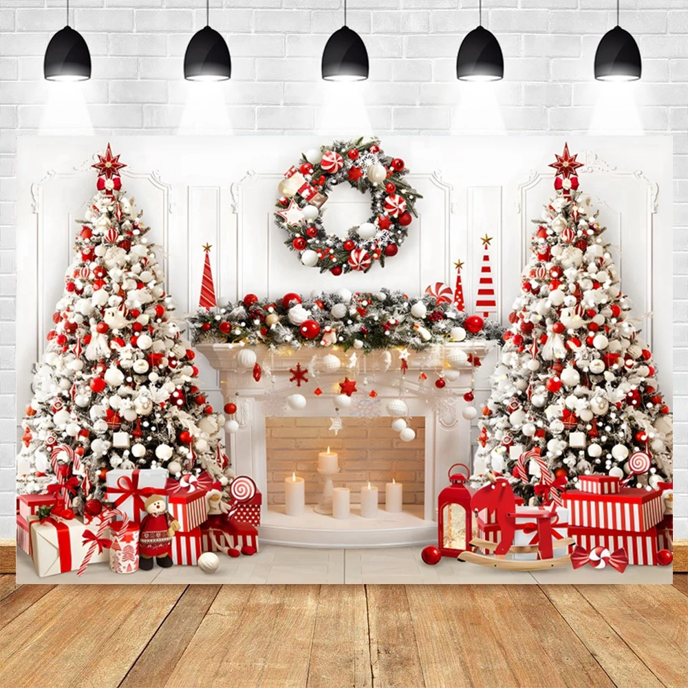 Merry Christmas Photography Backdrop Winter Christmas Tree Gifts Fireplace Family Party Birthday Decoration Photo Background