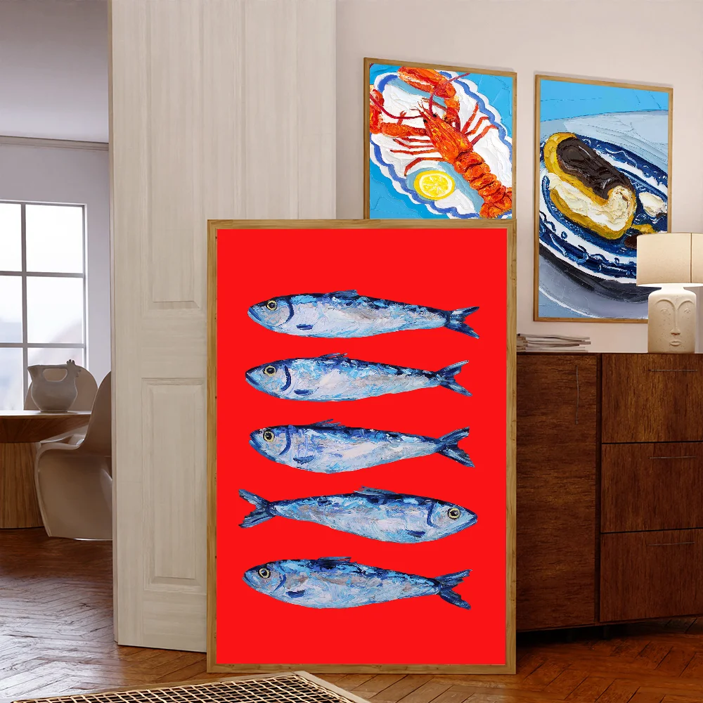 Colorful Sardine Lobster Fish Vintage Posters Sticky Retro Kraft Paper Sticker DIY Room Bar Cafe Kawaii Room Decor