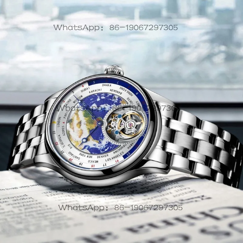 World Map Manual Luminous Waterproof Mechanical Tourbillon Men's Watch 7051