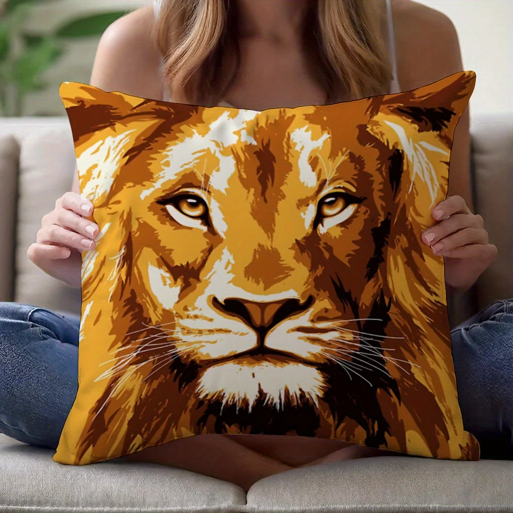 Majestic Lion Face Throw Pillow Cover Cushion Decorative Safari Jungle Print Home Accent Decor 45x45cm Square