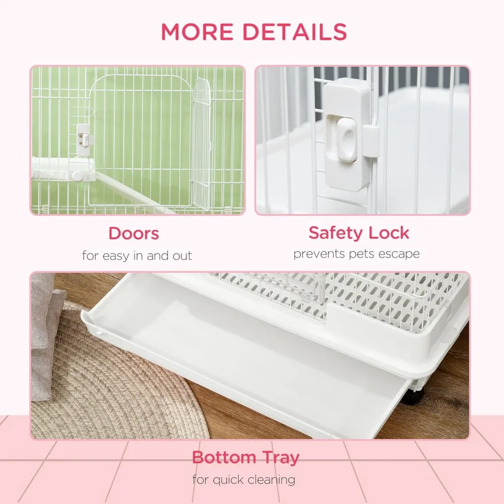 4-Level Small Animal Cage Rabbit Hutch with Wheels, Removable Tray, Platform and Ramp for Bunny, Chinchillas, Ferret, White