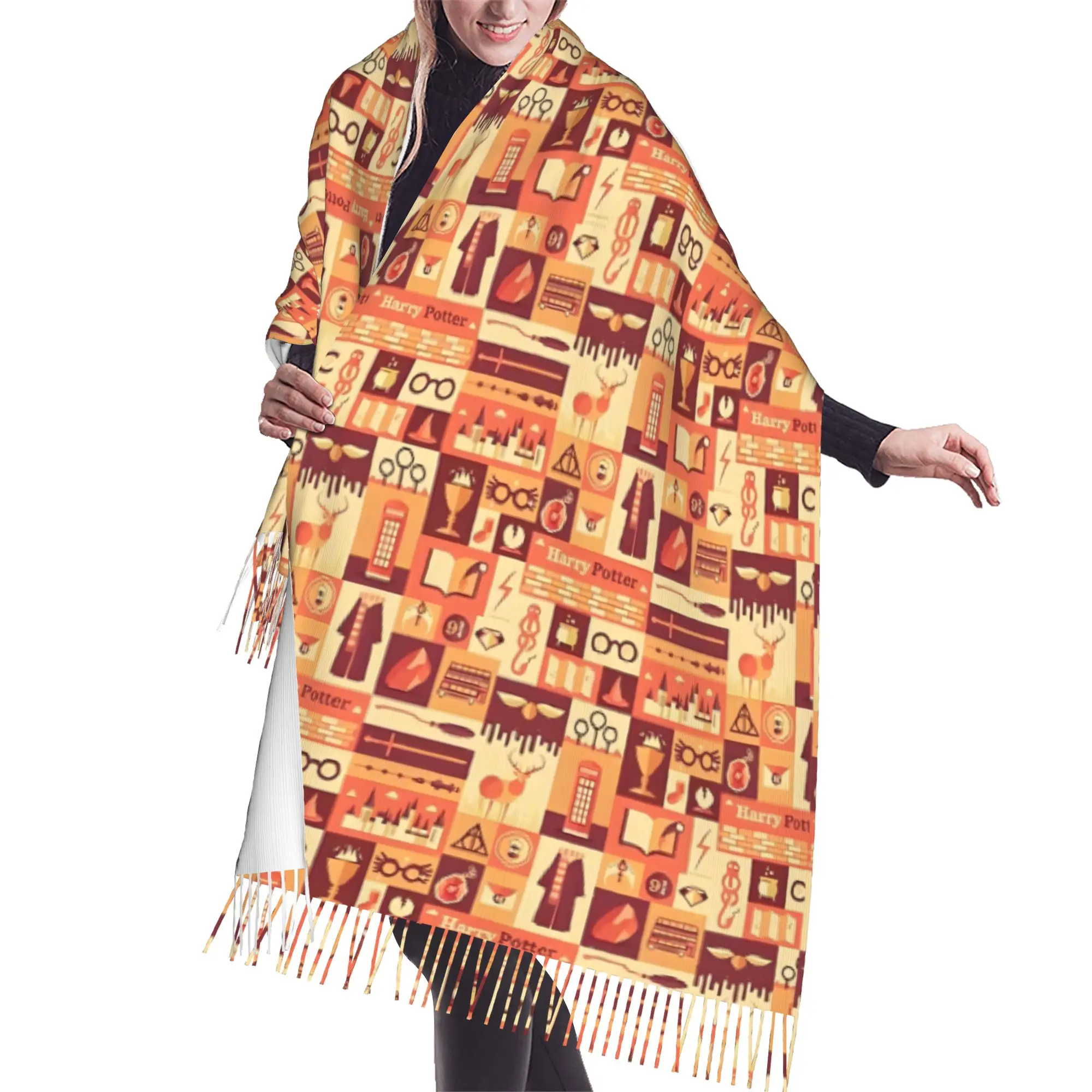 Custom Female Long Halloween H-Harryed Scarves Women Winter Fall Soft Warm Tassel Shawl Wrap Magic School Spooky Scarf