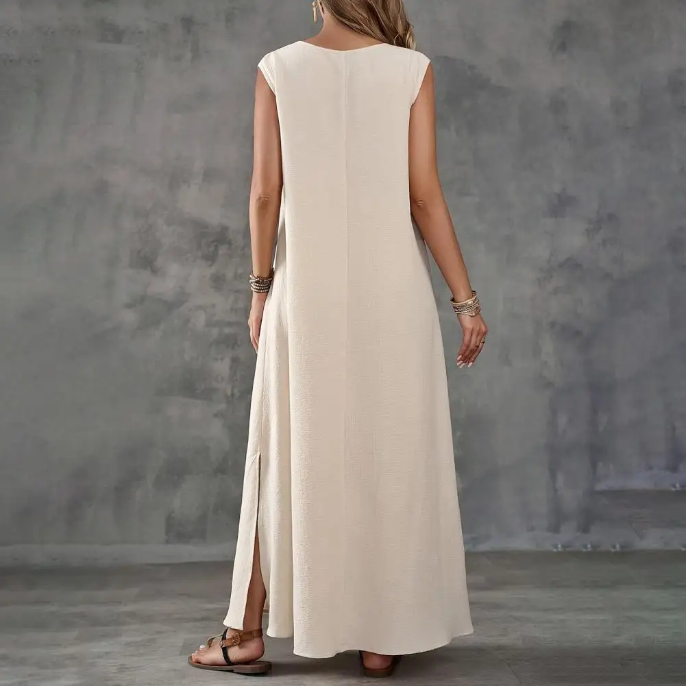 Casual Loose Cut Dress Boho Beach Vacation Maxi Dress Collection Women's Sleeveless V-neck Swing Dress Casual Solid for Summer
