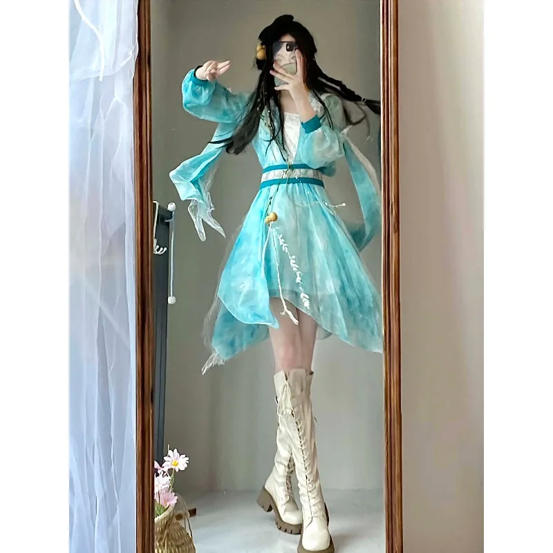 Retro Wuxia Style Hanfu Set Women Modified Chinese Outfit Wrap Top High Waist Skirt Elegant Daily Oriental Costume