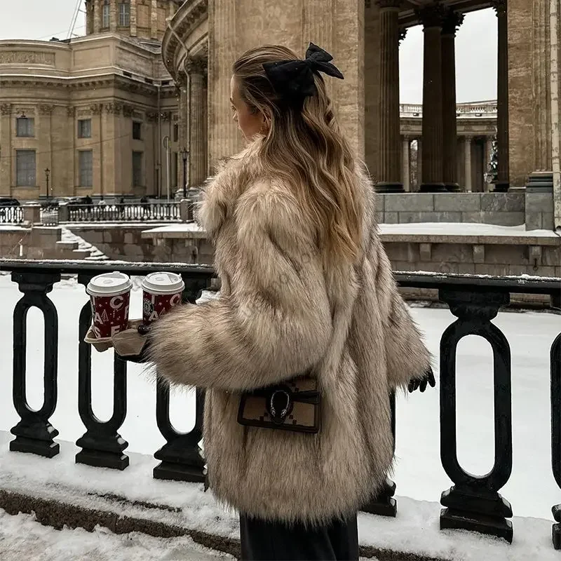 Vibe Hot Fox Faux Fur Jacket Warm Fuzzy Winter Coat Long Women Fashion Gradient Natural Animal Color Mob Wife Aesthetic Outwears