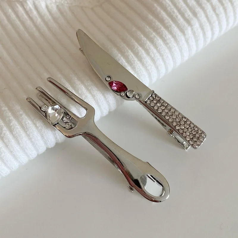 2PCS Silver Creative Knife Spoon Fork Hair Accessories for Girls Luxury 925 Slilver Women Makeup Hairpins Side Clips Bangs Clips