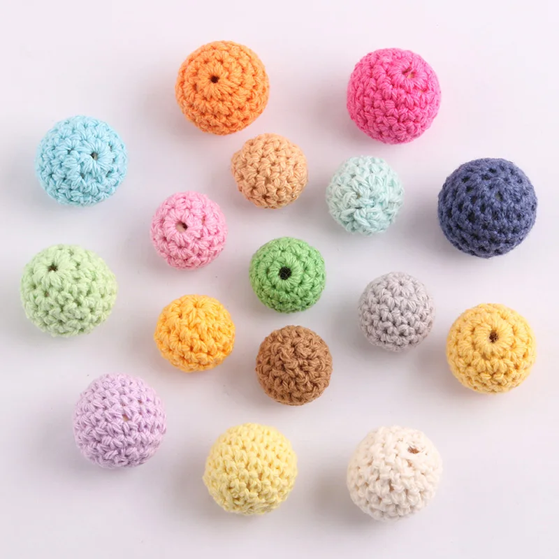 NANA 10pcs Handmade Round Woven Cotton Crochet Wooden Beads Teething Toys Wood Baby Crafts Diy Decorative Accessories 16mm 20mm