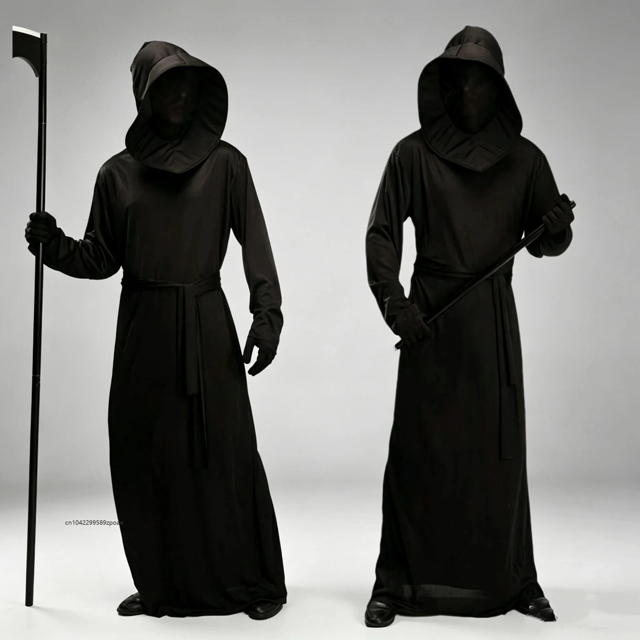 Todesengel Cosplay Kostüm Unisex Karneval Schwarze Teufelskleidung Purim Party Geister-Halloween-Robe Mit Kapuze Gürtel Handschuhe Outfit