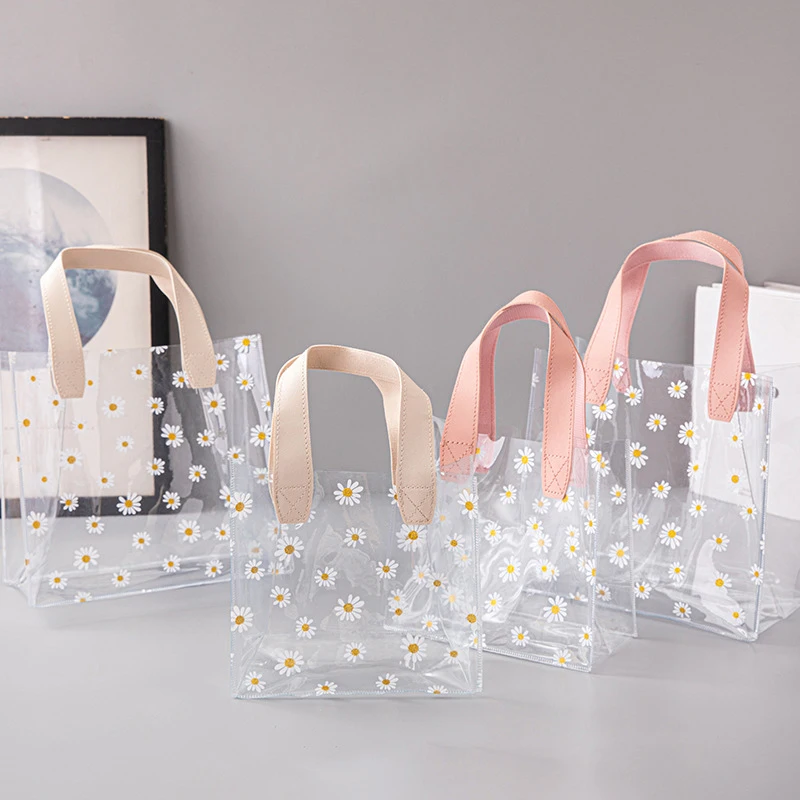 Transparent Tote Bags Daisy Pattern Packaging Gift Bag With Hand Loop Soft Pvc Wedding Candies Storage Bag Cosmetic Handbags