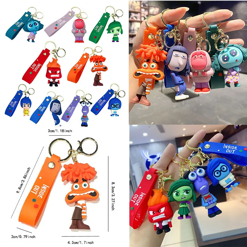 Disney Inside Out 2 Keychains Cartoon Anxiety Joy Sadness Anger Fear Action Figure Dolls Key Rings Kawaii Bags Pendants Kids Toy