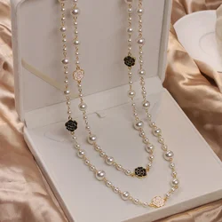 Luxury Camellia Multilayer Long Pearl Necklace Brand Design Rose Flower Sweater Chain Necklace for Woman