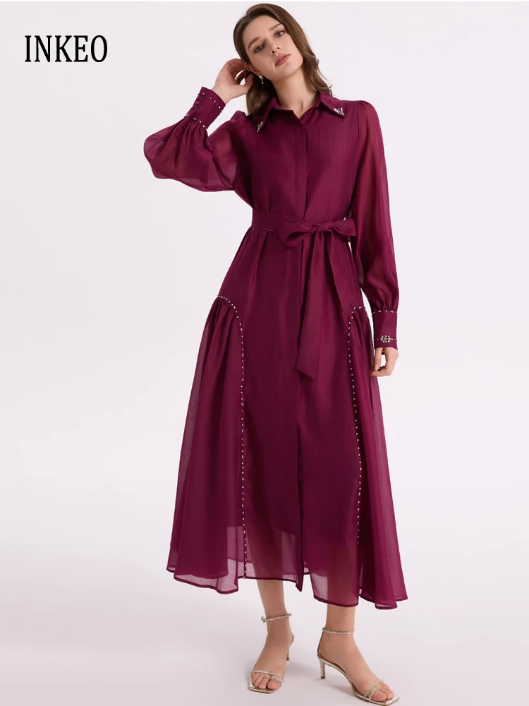 

Elegant beading long shirt dress Women's 2026 Collection Luxury Long sleeve fold dresses with sashes Loose Solid INKEO 6D042