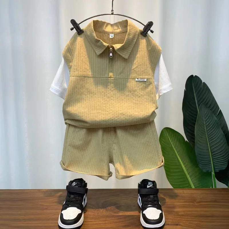 

Striped Short Sleeve Set Half Zipper Pullover Shirt+ Short 2pcs Summer Outfit New Boutique Dress Clothes Baby Boys Sport Clothes