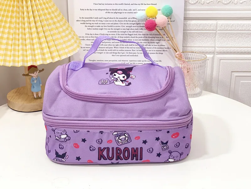 Cute Sanrio Kuromi Lunch Bag Cartoon My Melody Cinnmoroll Double-Layer Travel Thermal Breakfast Box Large Capacity Tote Food Bag