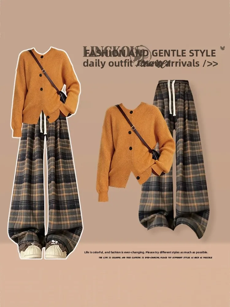 

Large Size Autumn Winter Vintage Knitted Set Women's Elegant Atmosphere Casual Plaid Pants Two Piece Set Age Reduction