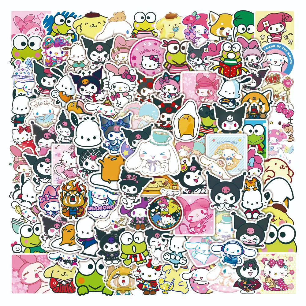 100Pcs Cartoon Sanrio Stickers Cute Hello Kitty Cinnamoroll Kuromi My Melody Waterproof Sticker Decals for Kids Toys