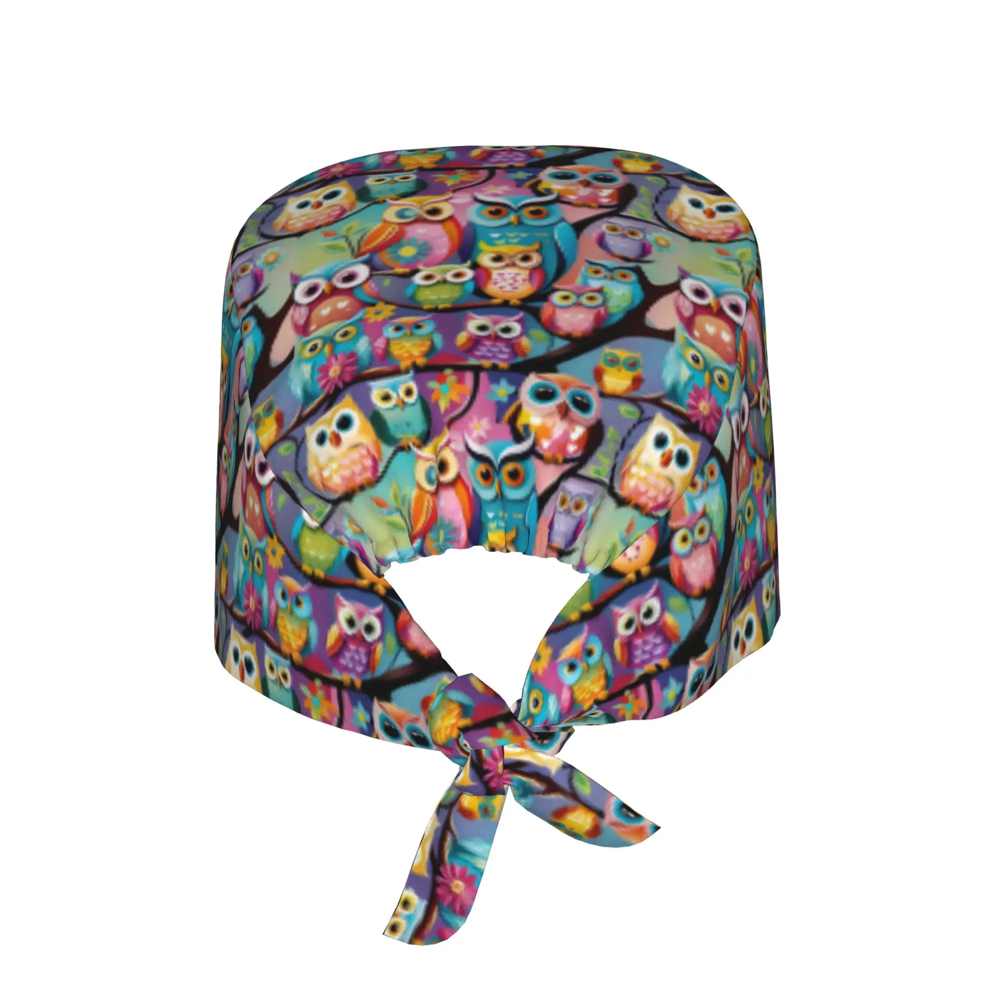 Funny Colourful Creative Owl Printed Breathable Nursing Work Cap Surgical Scrub Caps Nursing Hair Hats  Work Scrubs Hat for