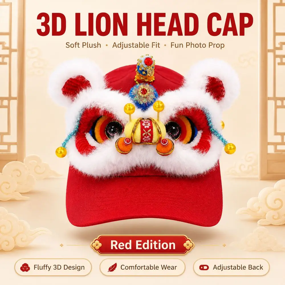 Creative Gift 3D Lion Dance Hat Versatile Style Breathable Breathable Sun Visor Hat Lightweight Baseball Cap