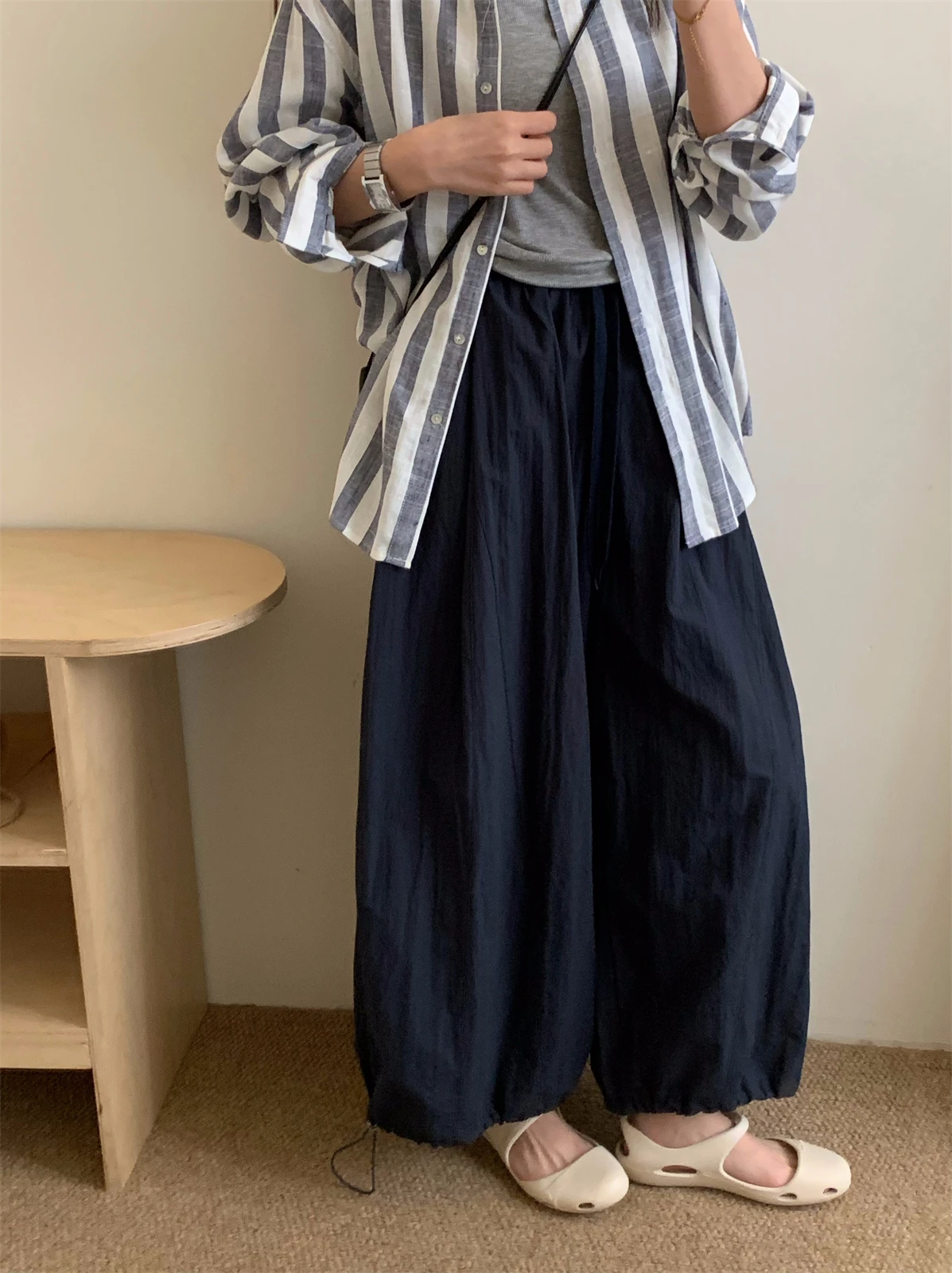 

Корейские брюки-фонарики с эластичным поясом на шнурке, летние, 2026, новые, с высокой талией, утягивающие, универсальные, повседневные