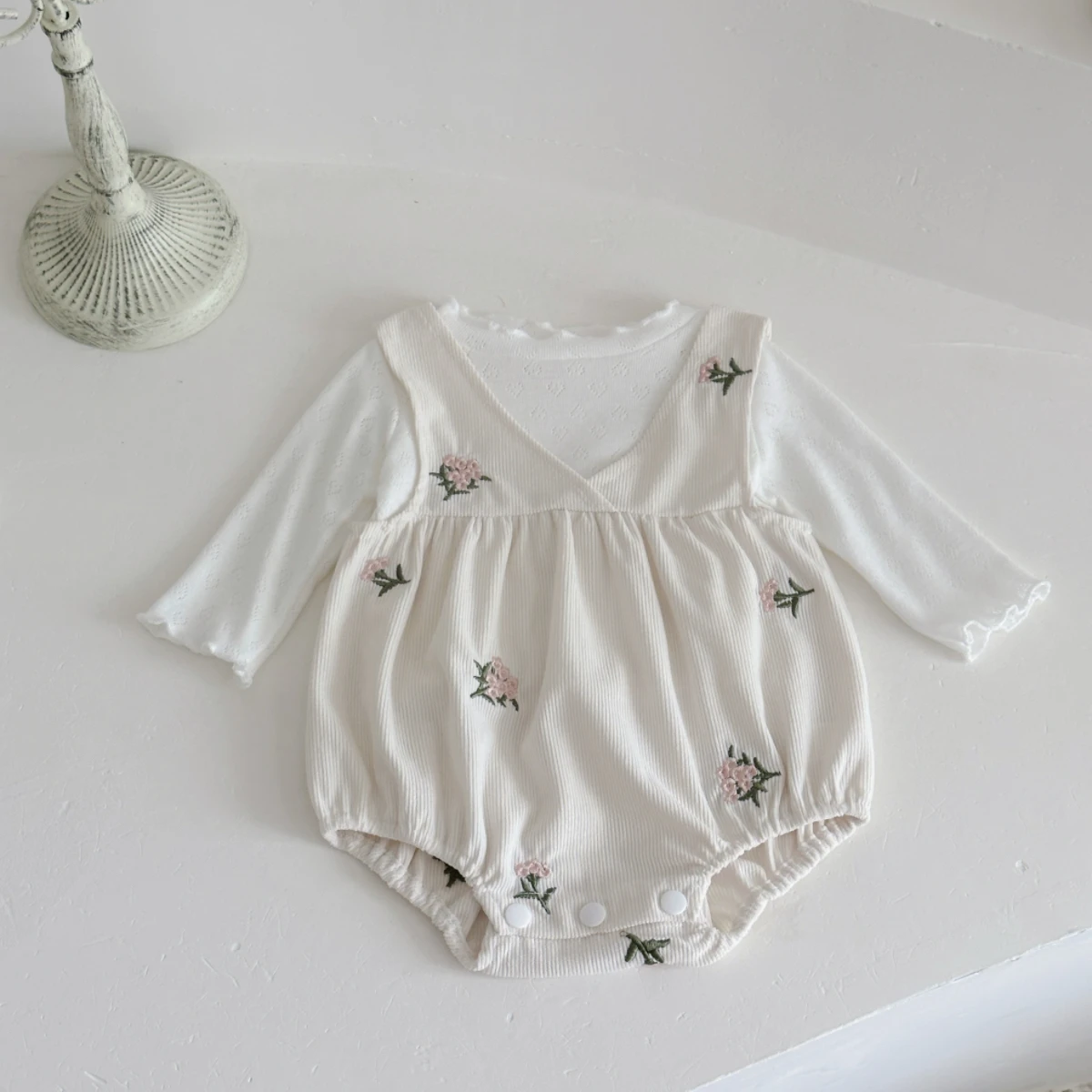 Newborn Baby Girl Corduroy Romper with Floral Embroidery Long Sleeve Hollow Under Top 2 Pieces Spring Outfit Set