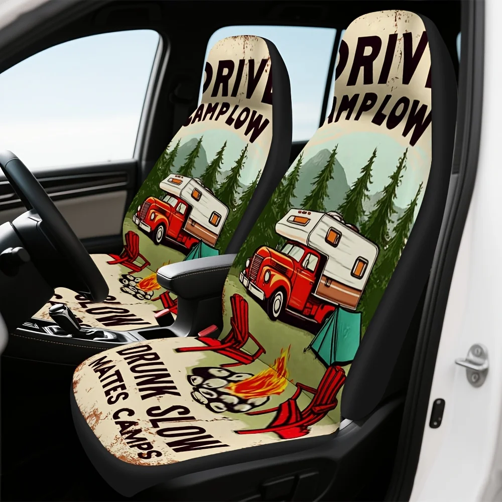 Set Of 2, Stylish Retro Camping Scene Sign Print Front Seat Covers, Comfortable And Collapsible, Fits Most Sedan And SUV Front S