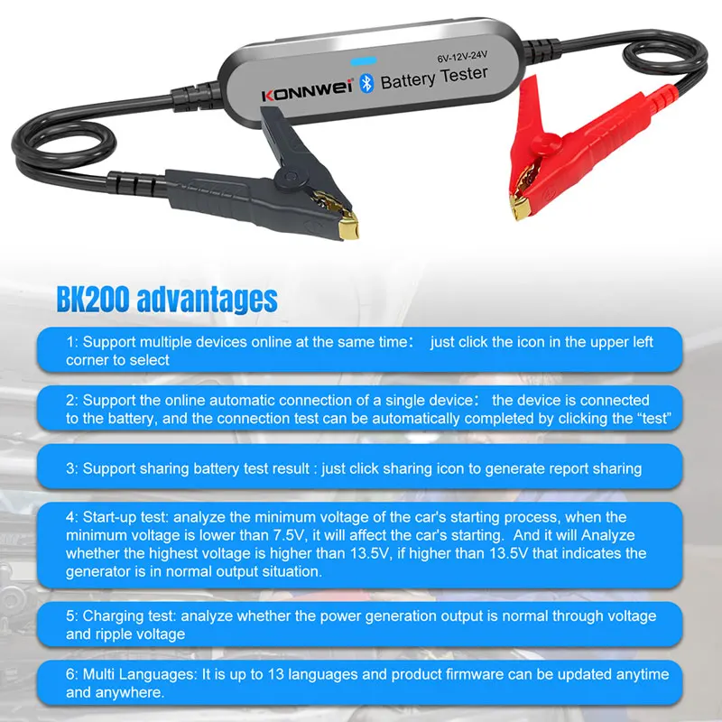 KONNWEI BK200 6V 12V 24V Car Truck Battery Tester Bluetooth 5.0 waveform Monitor 100-2000 CCA Charging Cranking Test Tools