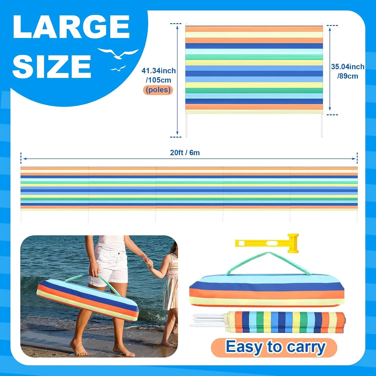 20ft Beach Windscreen Set With 6ft Beach Umbrella UV 50 Wind Blocker Sandbeach Tanning Privacy Screen Kit Sand Anchor Storage Bag Outdoor view 2