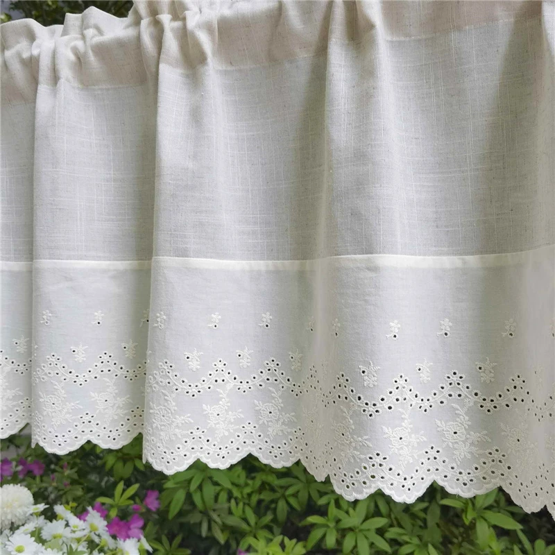 American Cotton and Linen Splicing Embroidered Lace Cafe Curtain Rod Pocket Short Drapes For Kitchen Door Farmhouse 1Piece