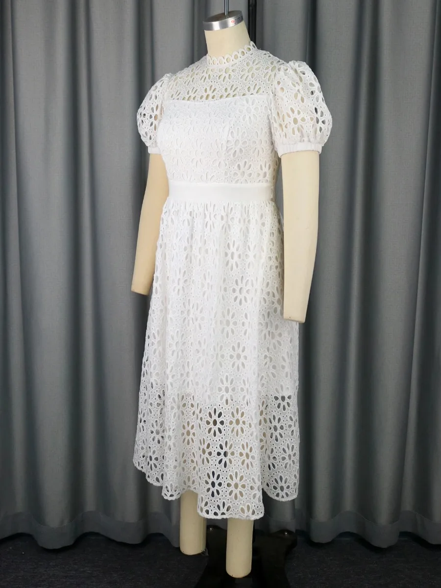 2024 Summer Women's Dress White Lace Evening Dress Retro Perspective Round Neck Dress Bubble Sleeves Sexy Party Elegant Robe