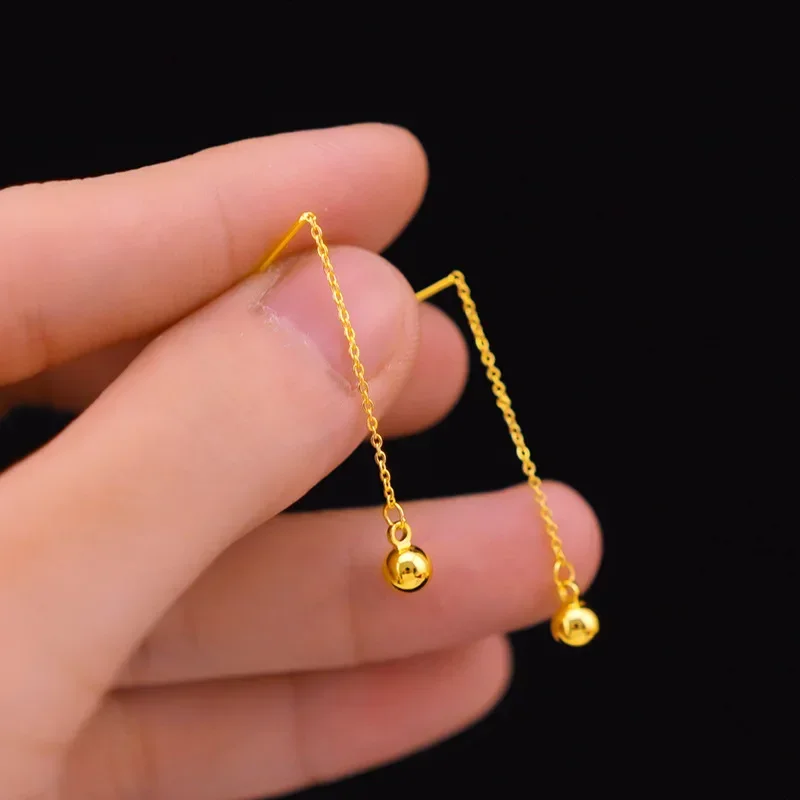 Real 18K Gold Color Drop Earrings Fine Jewelry Luck Bead O Link Box Link Chian Earrings Luxury Jewelry for Women Wedding Gifts