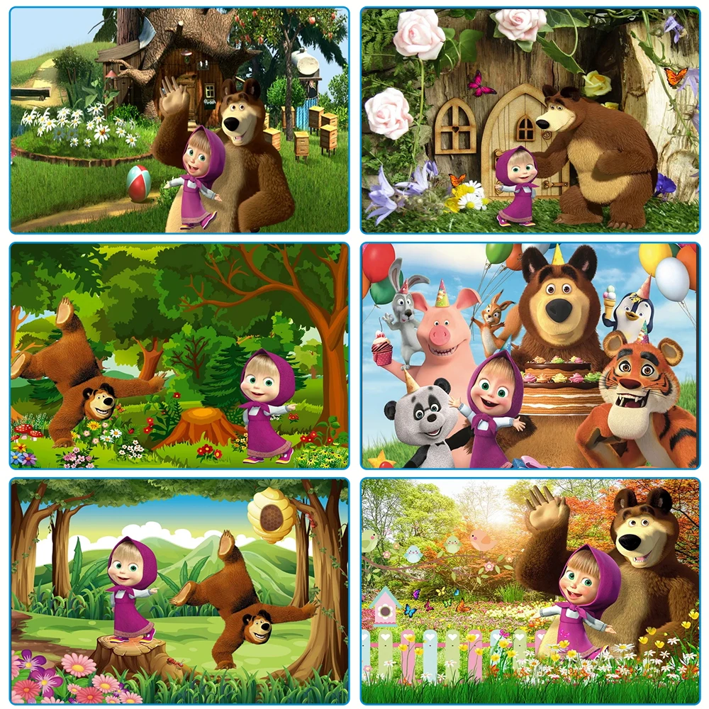 Disney Masha And The Bear Photo Backdrop Kids Birthday Party Decoration Cartoon Cute Animals Vinyl Polyester Fabric Background