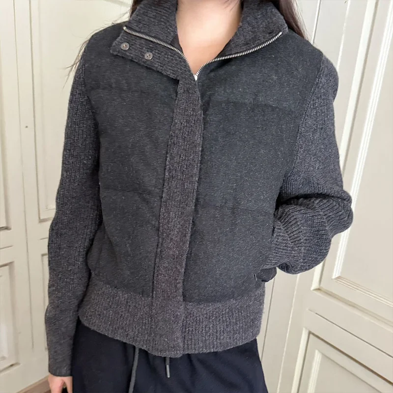 고품질 니트 울 소매 스탠드업 칼라 퀼팅 다운 재킷 여성용 코트 겨울 의류 25100905