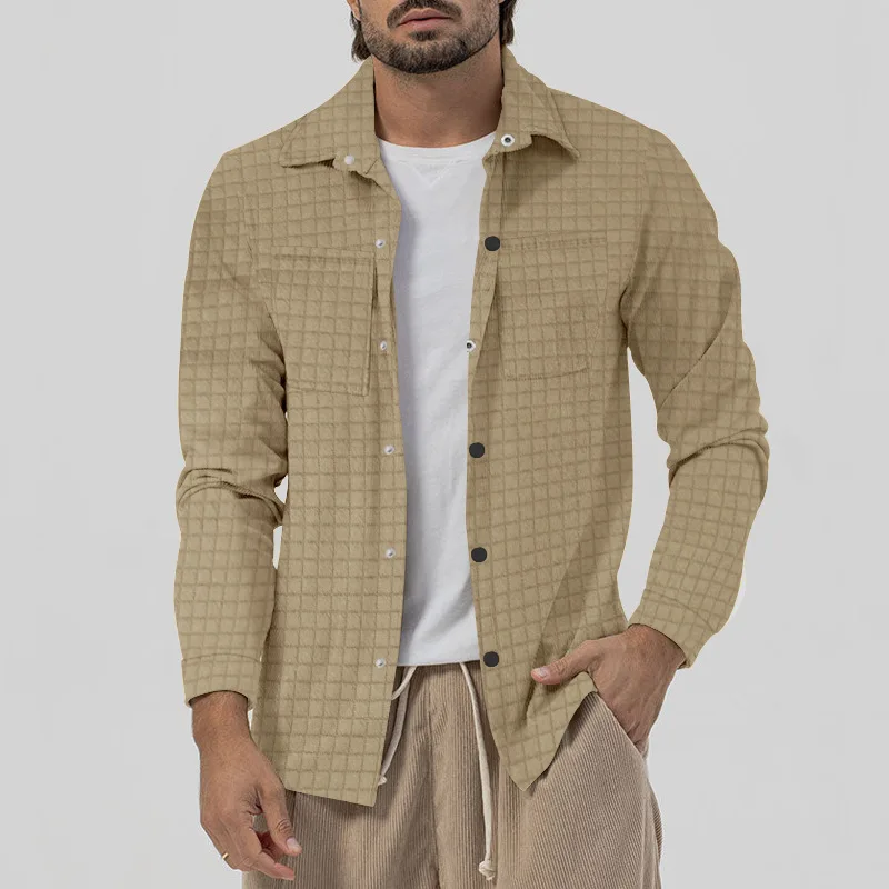 

Mens Khaki Long Sleeve Shirt Cardigan Button-down Small Checkered Jacket Shirt For Men Loose Casual Fashion Daily Simple Chemise