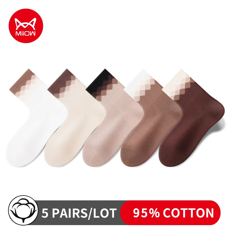 MiiOW 5 Pairs Winter Cotton Socks Women Brown Checkered Softness Long Sock Antibacterial Anti Odor Crew Socks Breathable Socks