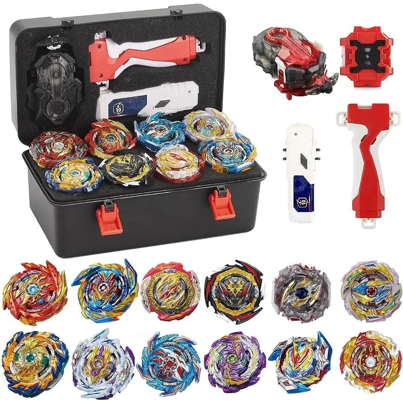 Beybatterburst gyro toy set gift with portable box 12 spinning gyro 2 two-way transmitter fusion attack top combat game.