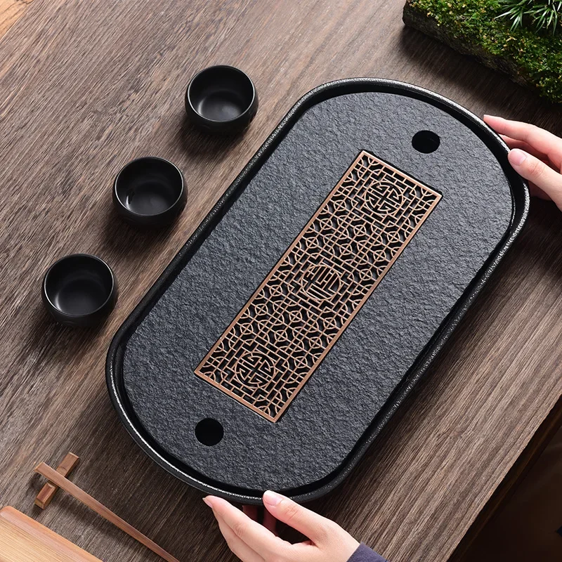 Wujinshi tea tray household, modern simple ceramic water storage and drainage double tea table dry brewing tray small tea sea