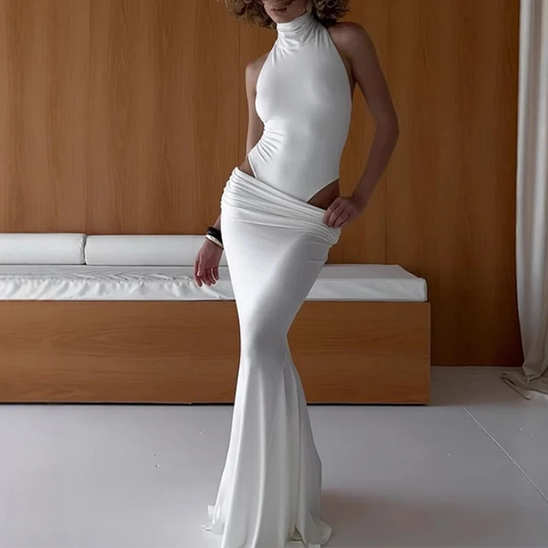

OMSJ Pure White Sexy Bodycon Sleeveless Halter Open Back Bodysuit Tops+Wrapped Hip Midi Skirts Women Fashion Summer Party Outfit
