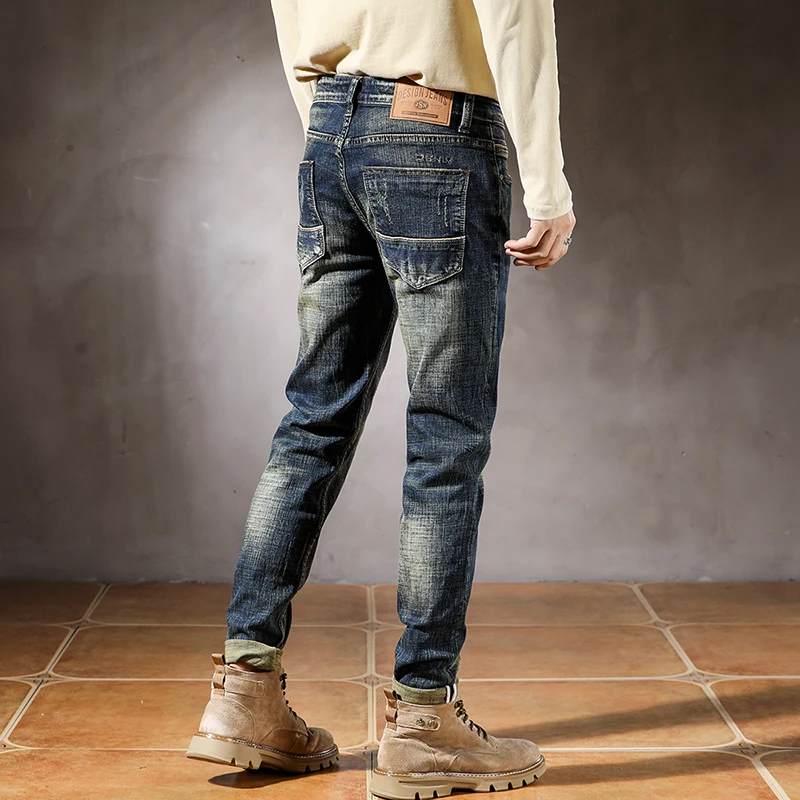 Calça jeans azul masculina com alongamento cansado streetwear jeans masculino para bicicletas casuais pés finos
