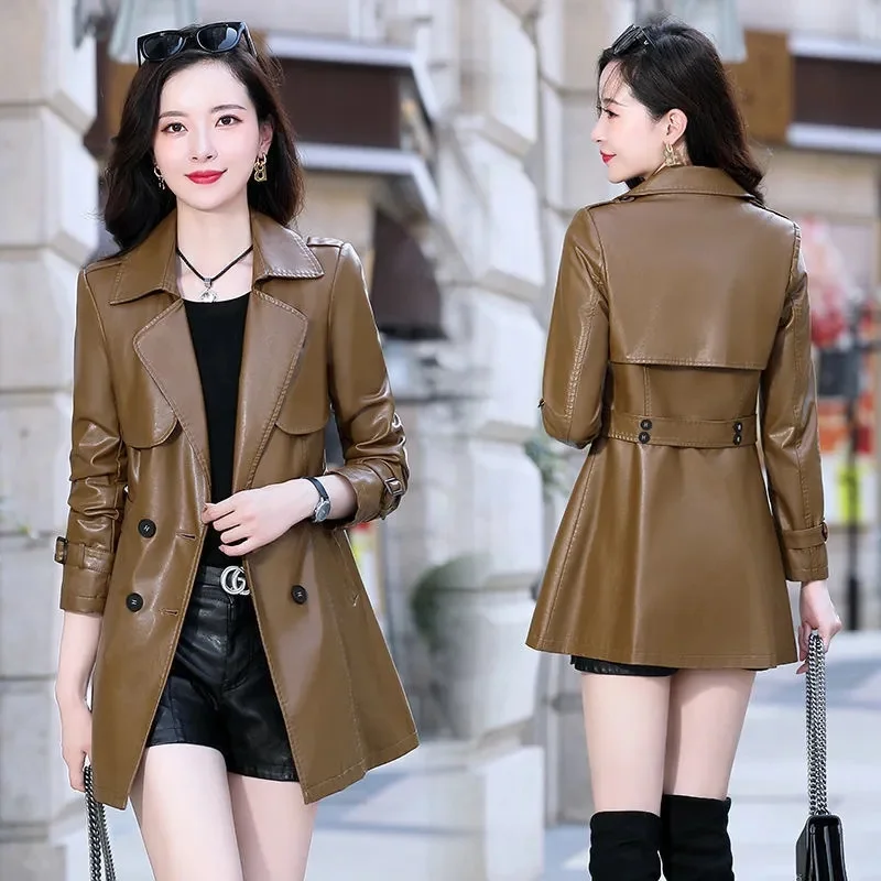 2024 New Autumn Women PU Leather Jacket Faux Soft Coat Long Coat Slim Double-breasted Overcoat Female Black Motorcycle Jackets